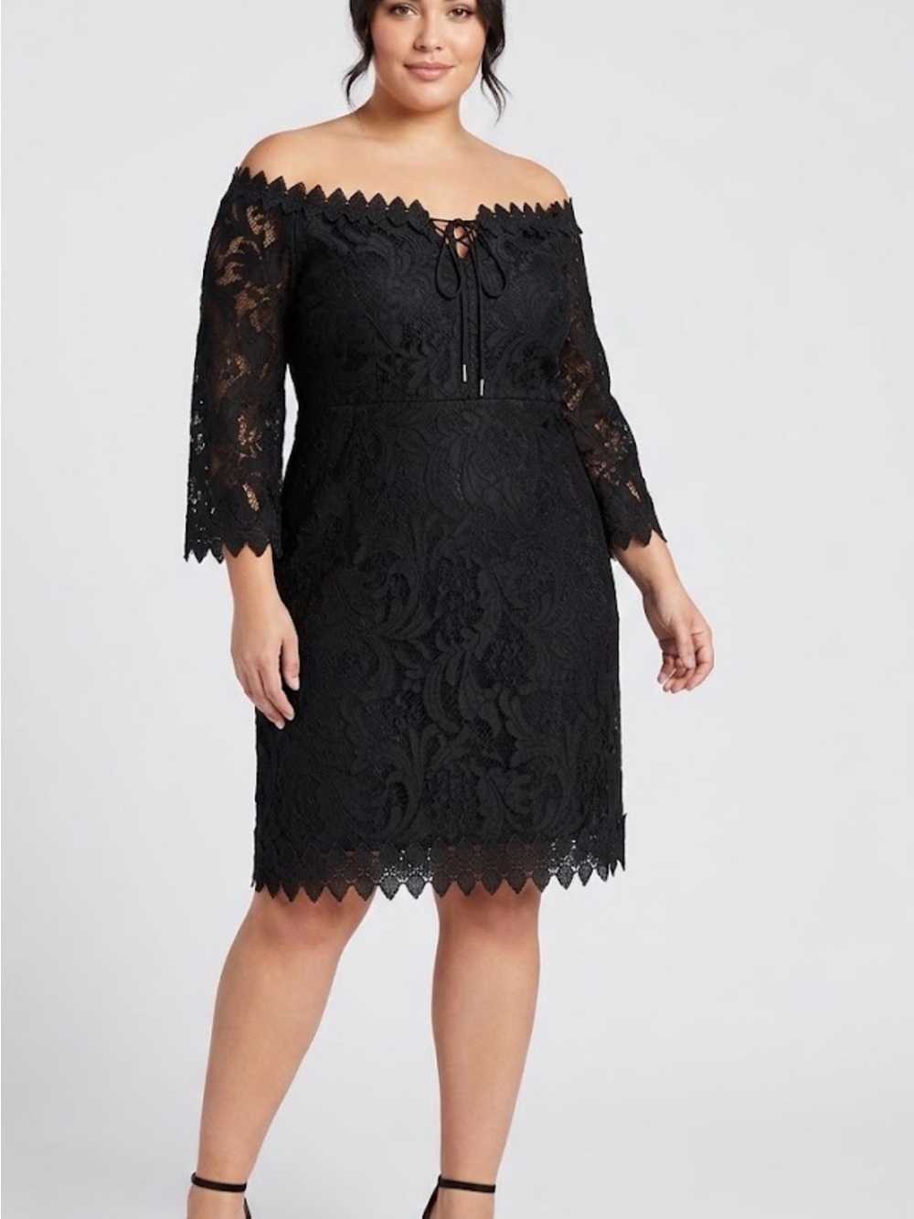 Bloom Chic Womens 1XL Black Floral Lace Off Shoulder Tie Neck A-Line Dress Lined